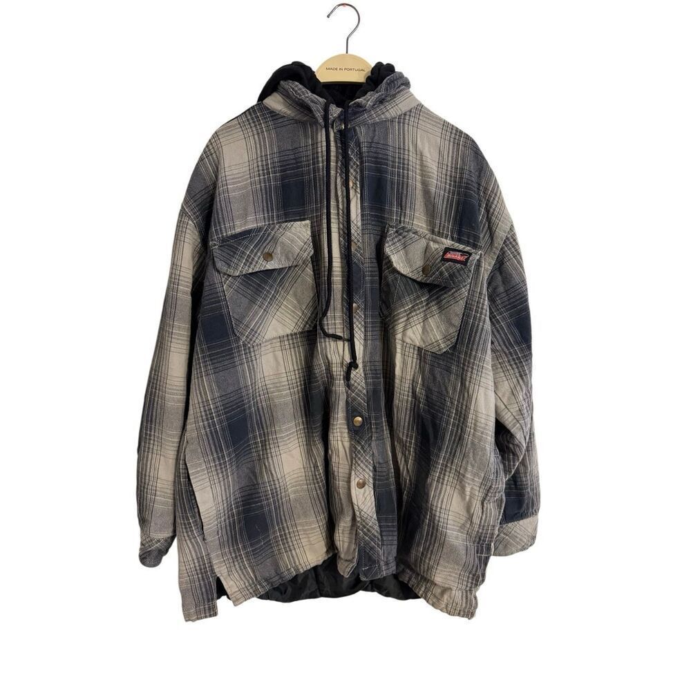 Dickies Relaxed Fit Flannel Hooded Shirt Jacket Black Gray Plaid Pattern 2XL